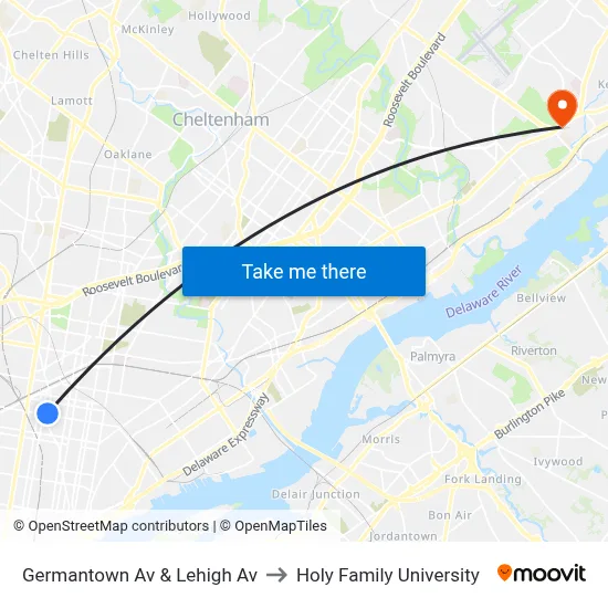 Germantown Av & Lehigh Av to Holy Family University map