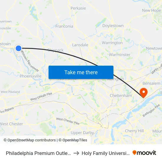 Philadelphia Premium Outlets to Holy Family University map