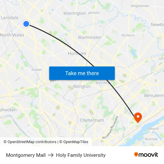 Montgomery Mall to Holy Family University map