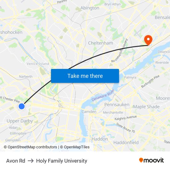 Avon Rd to Holy Family University map