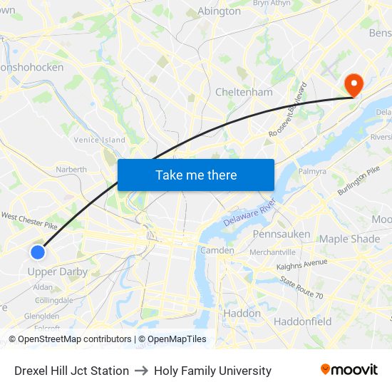 Drexel Hill Jct Station to Holy Family University map