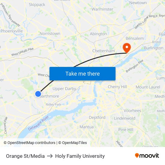 Orange St/Media to Holy Family University map
