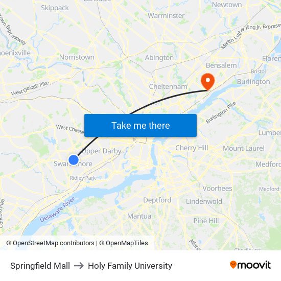 Springfield Mall to Holy Family University map