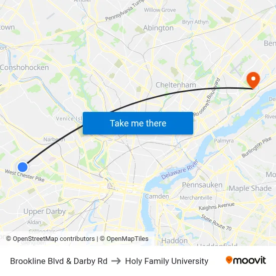 Brookline Blvd & Darby Rd to Holy Family University map
