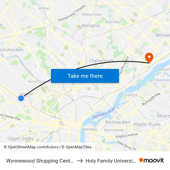 Wynnewood Shopping Center to Holy Family University map