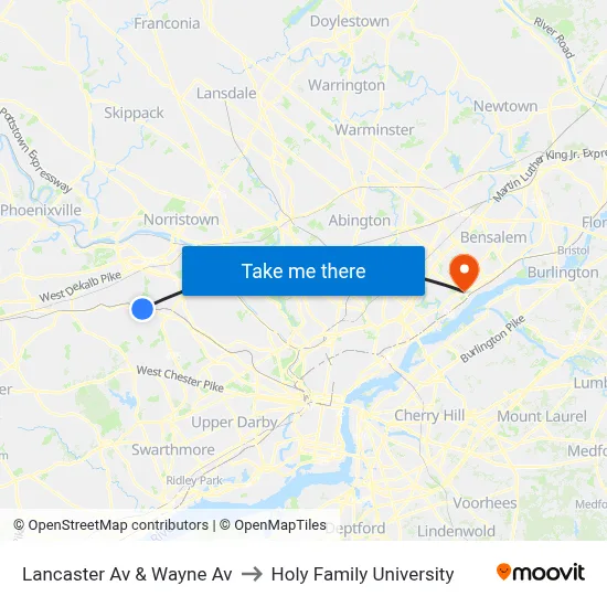 Lancaster Av & Wayne Av to Holy Family University map