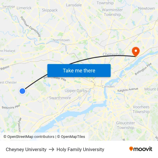 Cheyney University to Holy Family University map