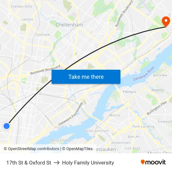 17th St & Oxford St to Holy Family University map