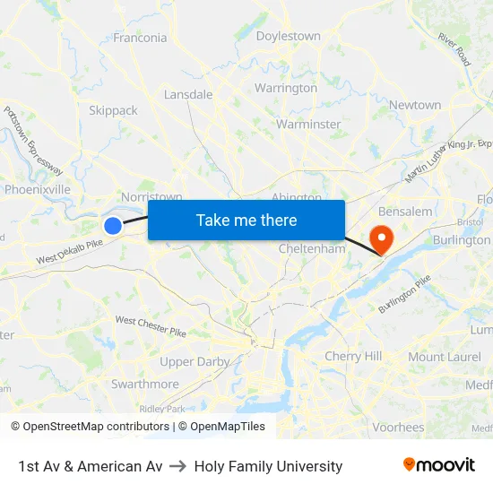 1st Av & American Av to Holy Family University map