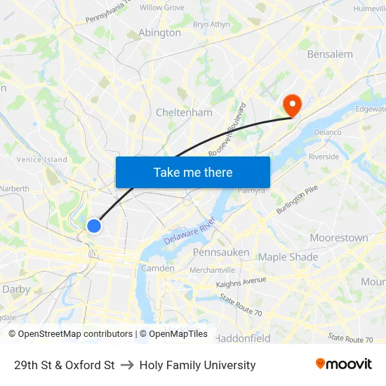 29th St & Oxford St to Holy Family University map