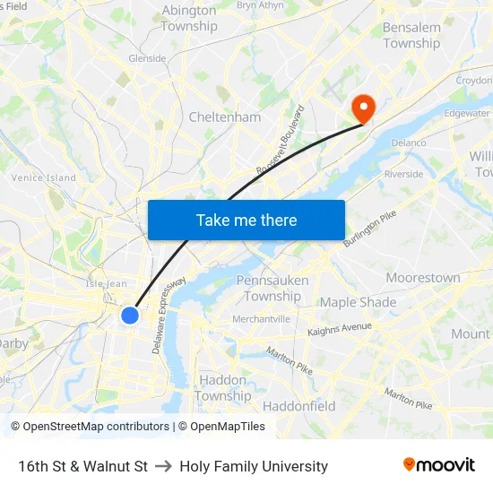 16th St & Walnut St to Holy Family University map