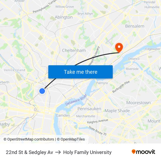 22nd St & Sedgley Av to Holy Family University map