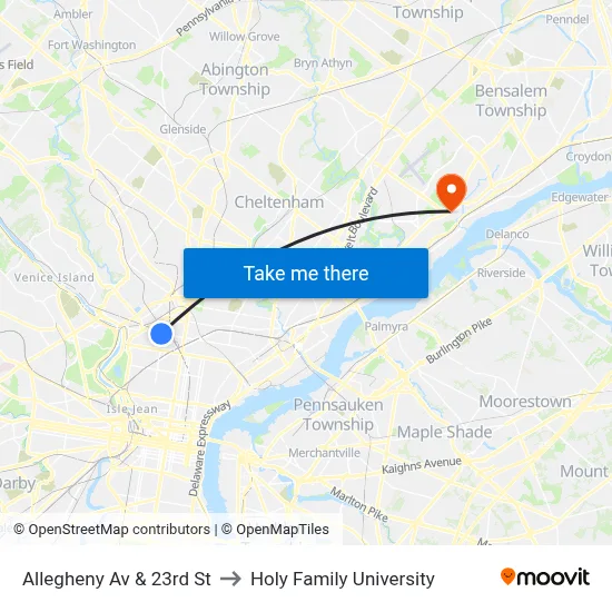 Allegheny Av & 23rd St to Holy Family University map