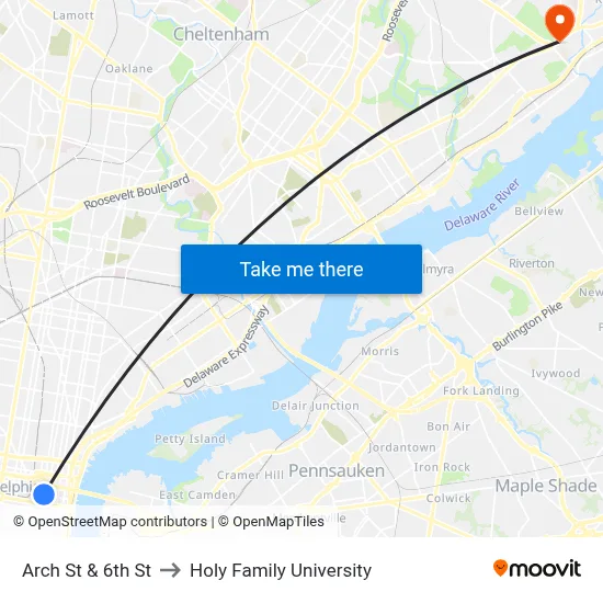 Arch St & 6th St to Holy Family University map