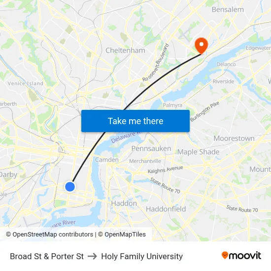 Broad St & Porter St to Holy Family University map