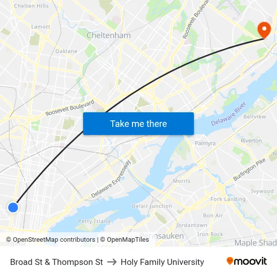 Broad St & Thompson St to Holy Family University map