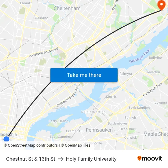 Chestnut St & 13th St to Holy Family University map