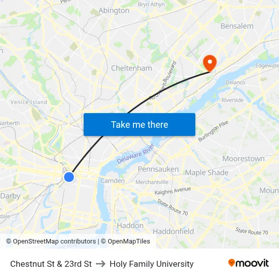 Chestnut St & 23rd St to Holy Family University map