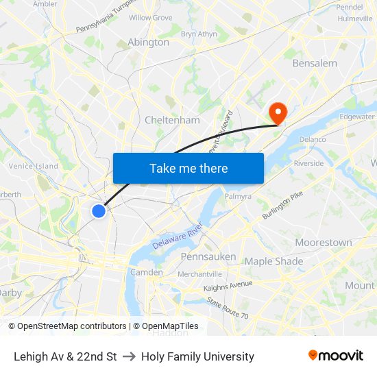 Lehigh Av & 22nd St to Holy Family University map