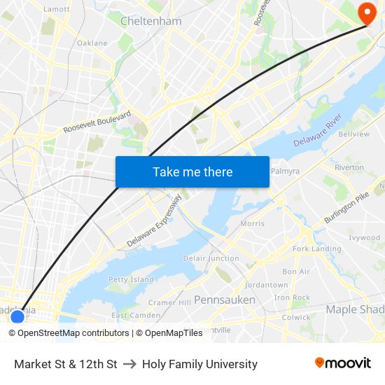 Market St & 12th St to Holy Family University map