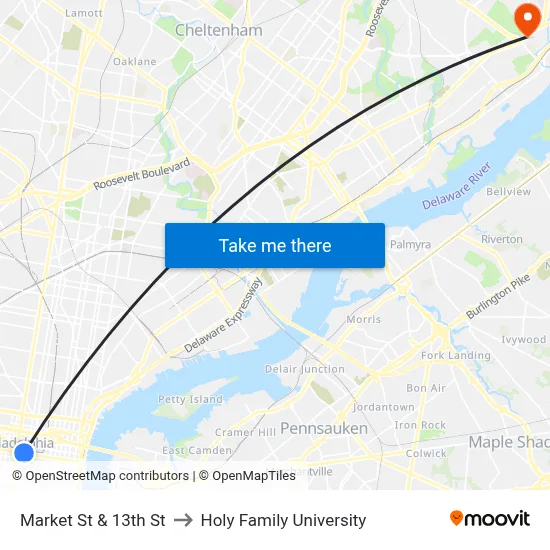 Market St & 13th St to Holy Family University map