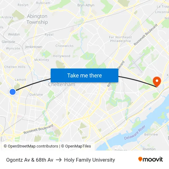 Ogontz Av & 68th Av to Holy Family University map