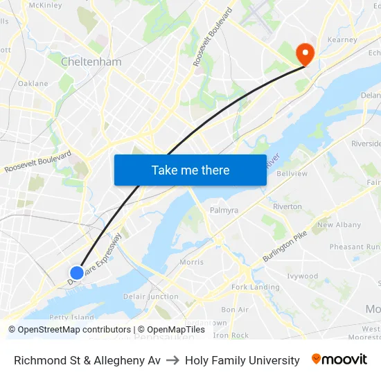 Richmond St & Allegheny Av to Holy Family University map