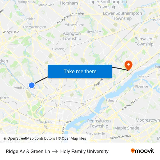 Ridge Av & Green Ln to Holy Family University map
