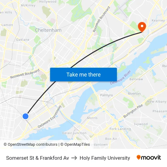 Somerset St & Frankford Av to Holy Family University map