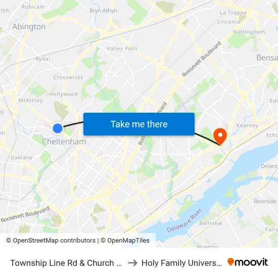 Township Line Rd & Church Rd to Holy Family University map