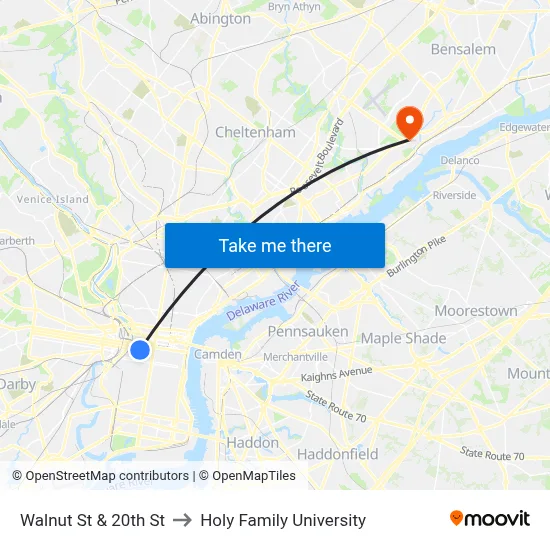 Walnut St & 20th St to Holy Family University map