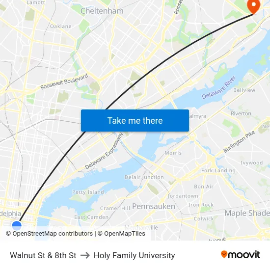 Walnut St & 8th St to Holy Family University map