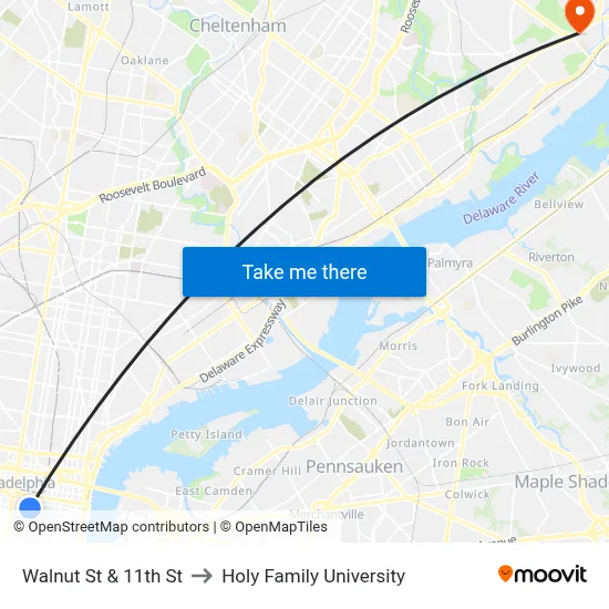 Walnut St & 11th St to Holy Family University map