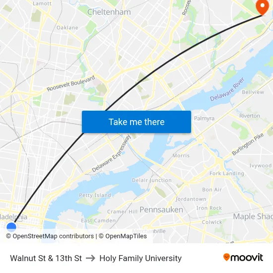 Walnut St & 13th St to Holy Family University map