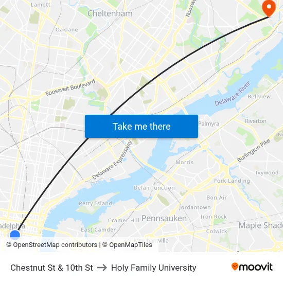 Chestnut St & 10th St to Holy Family University map