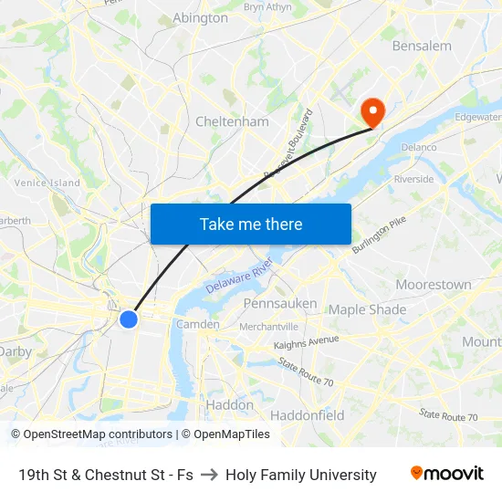 19th St & Chestnut St - Fs to Holy Family University map