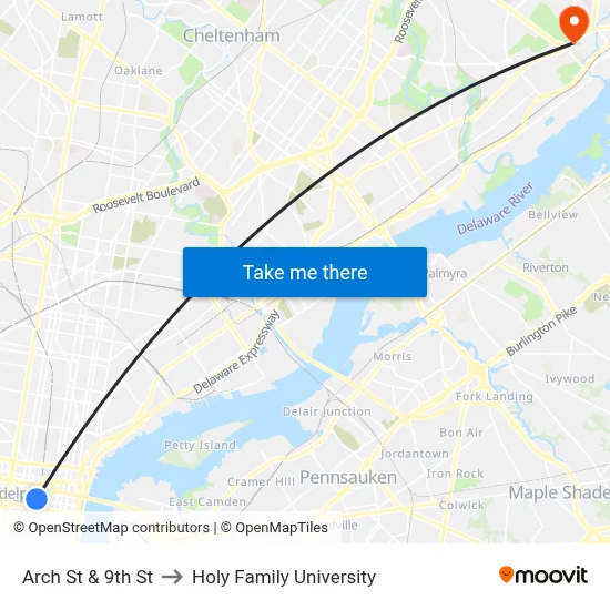Arch St & 9th St to Holy Family University map