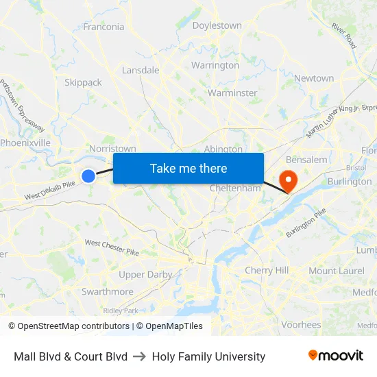 Mall Blvd & Court Blvd to Holy Family University map