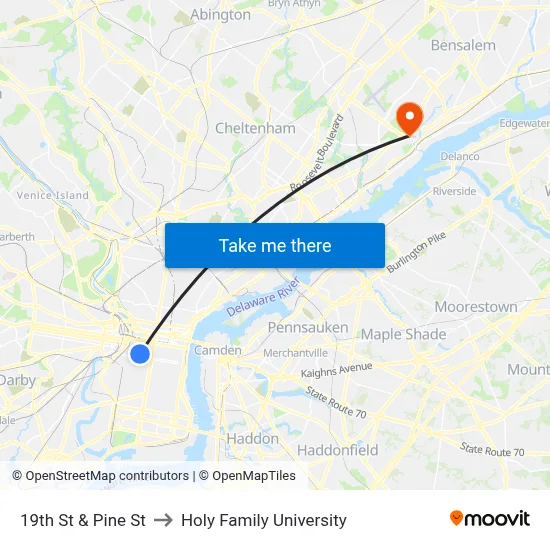 19th St & Pine St to Holy Family University map