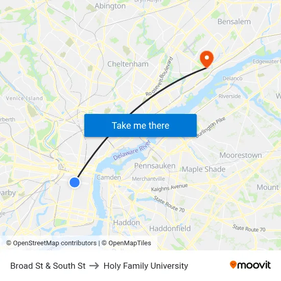 Broad St & South St to Holy Family University map