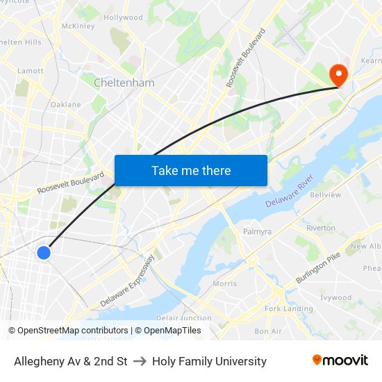 Allegheny Av & 2nd St to Holy Family University map