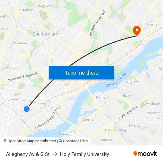 Allegheny Av & G St to Holy Family University map