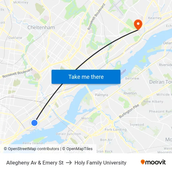 Allegheny Av & Emery St to Holy Family University map
