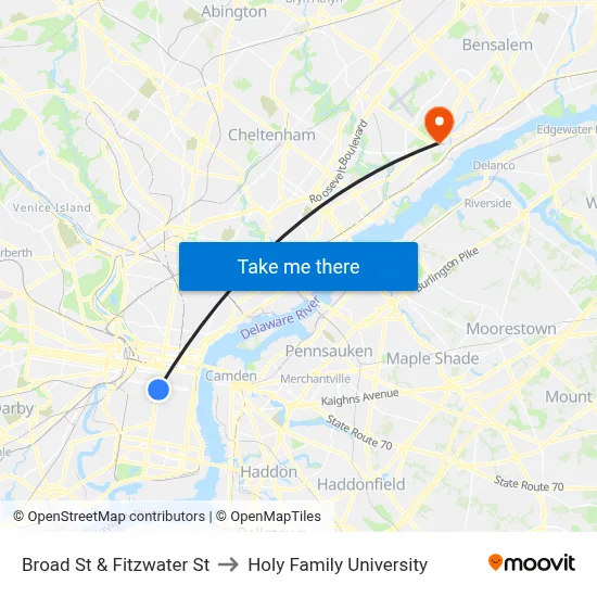 Broad St & Fitzwater St to Holy Family University map