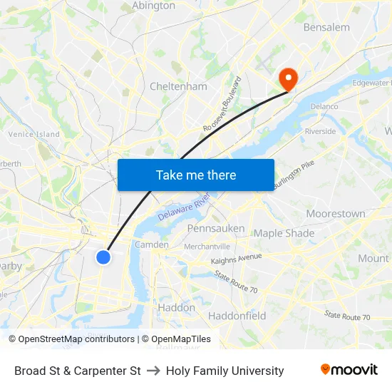 Broad St & Carpenter St to Holy Family University map