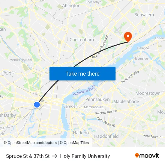 Spruce St & 37th St to Holy Family University map
