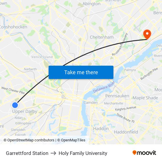 Garrettford Station to Holy Family University map