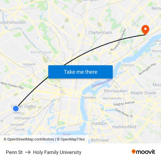 Penn St to Holy Family University map