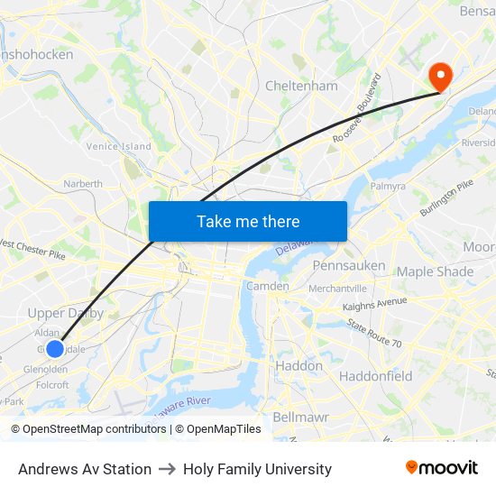 Andrews Av Station to Holy Family University map