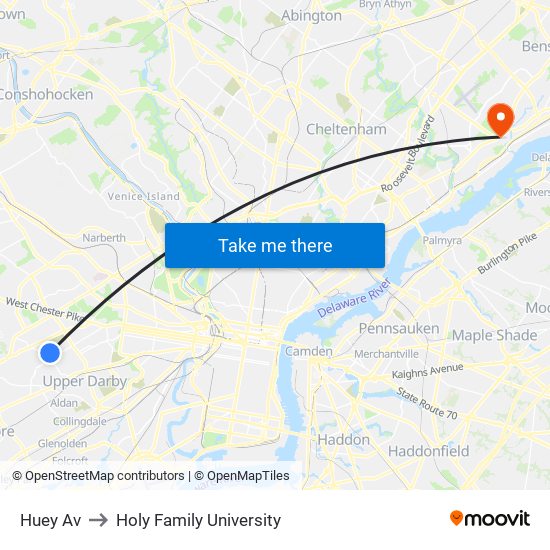 Huey Av to Holy Family University map